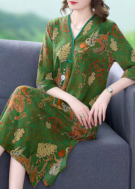 Vintage Green V Neck Print Patchwork Silk Mid Dress Summer - Omychic