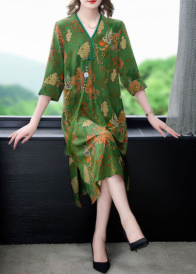 Vintage Green V Neck Print Patchwork Silk Mid Dress Summer