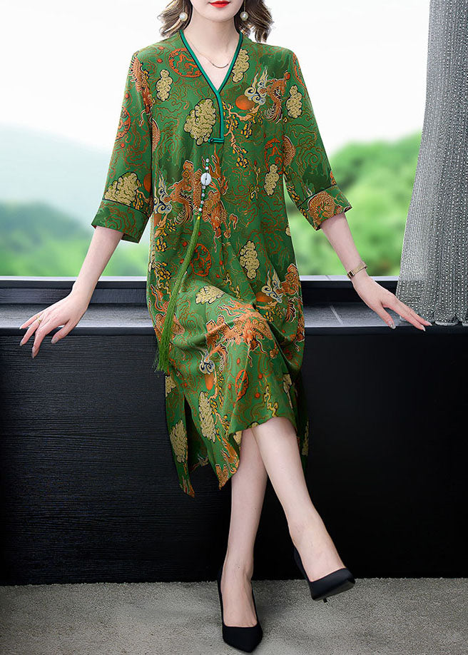 Vintage Green V Neck Print Patchwork Silk Mid Dress Summer - Omychic