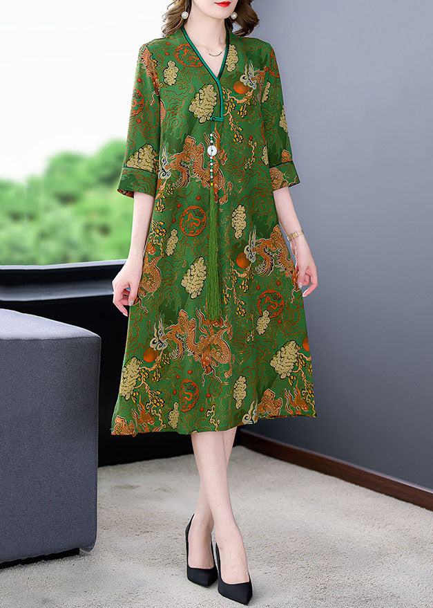 Vintage Green V Neck Print Patchwork Silk Mid Dress Summer