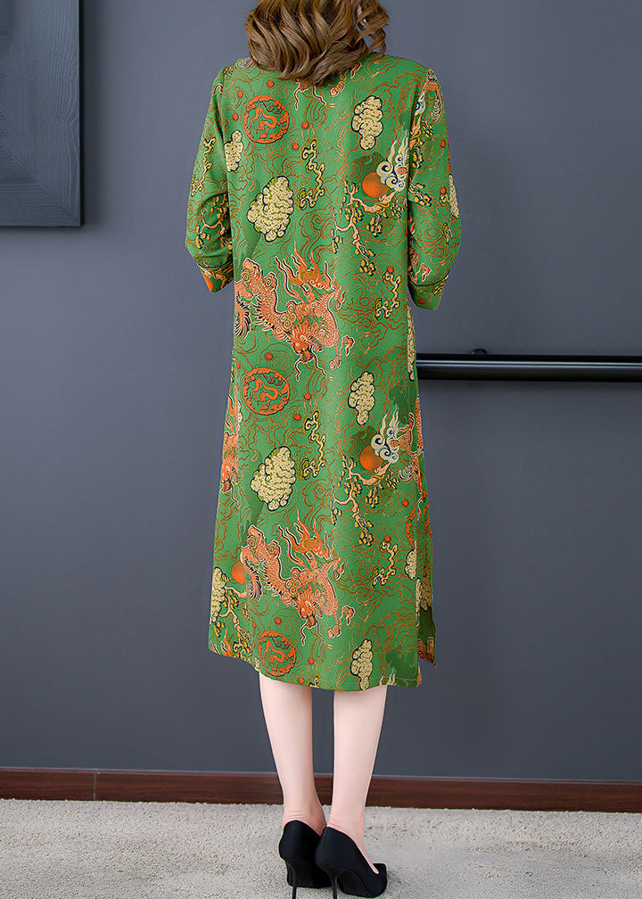 Vintage Green V Neck Print Patchwork Silk Mid Dress Summer - Omychic
