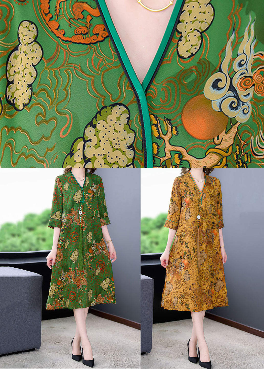 Vintage Green V Neck Print Patchwork Silk Mid Dress Summer - Omychic