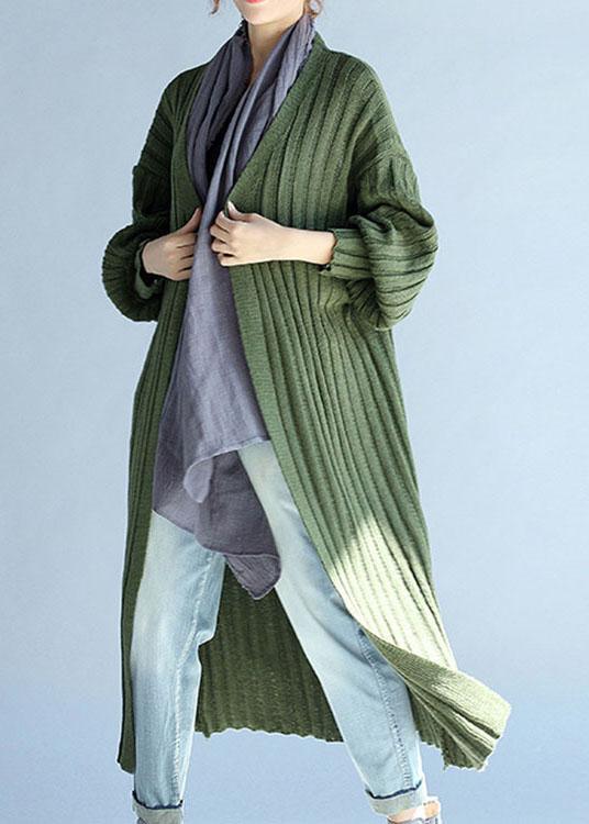 Vintage Green V Neck lantern sleeve Fall Knit Long sweaters Coat - Omychic