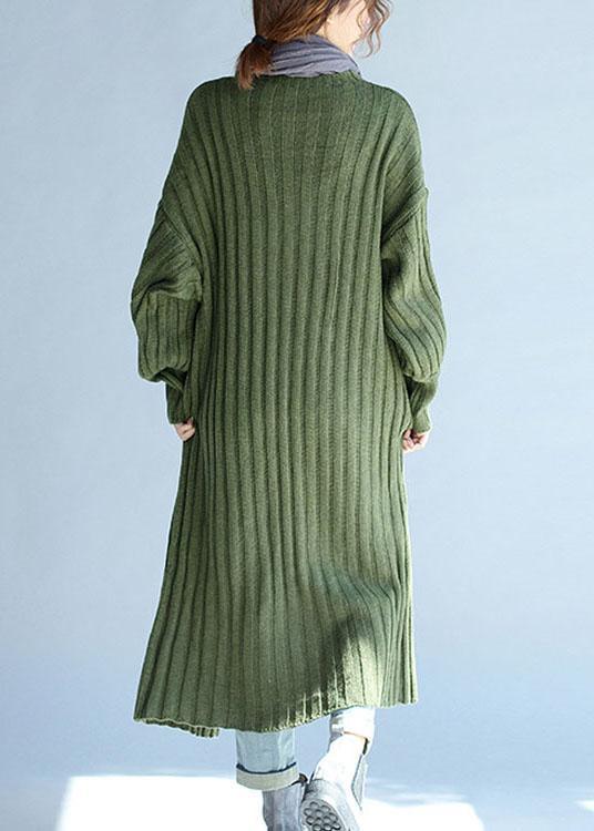 Vintage Green V Neck lantern sleeve Fall Knit Long sweaters Coat - Omychic
