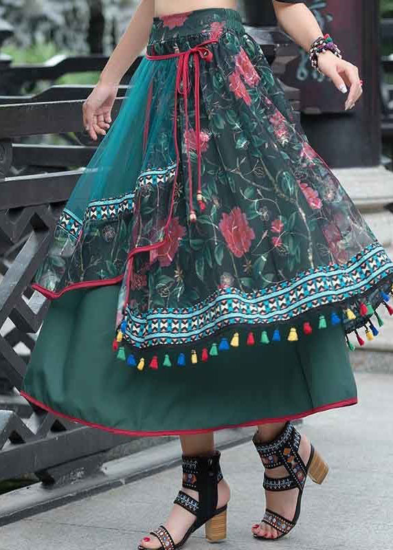 Vintage Green Wrinkled Embroidered Patchwork Cotton Skirts Spring