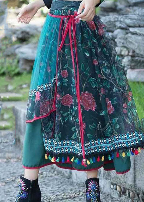 Vintage Green Wrinkled Embroidered Patchwork Cotton Skirts Spring