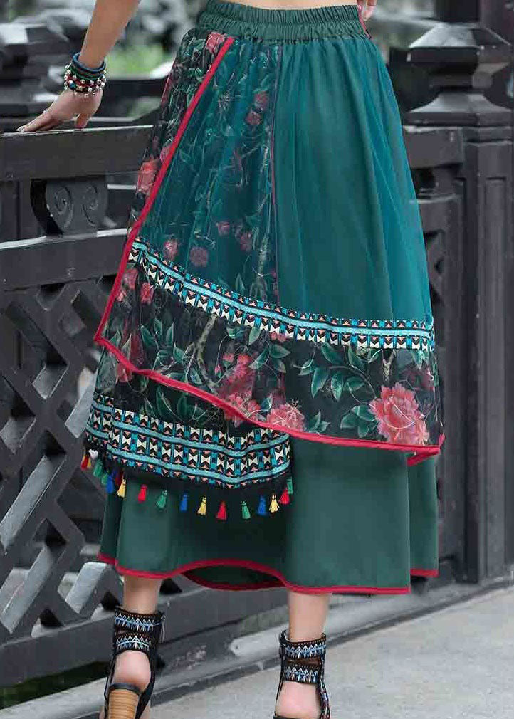 Vintage Green Wrinkled Embroidered Patchwork Cotton Skirts Spring