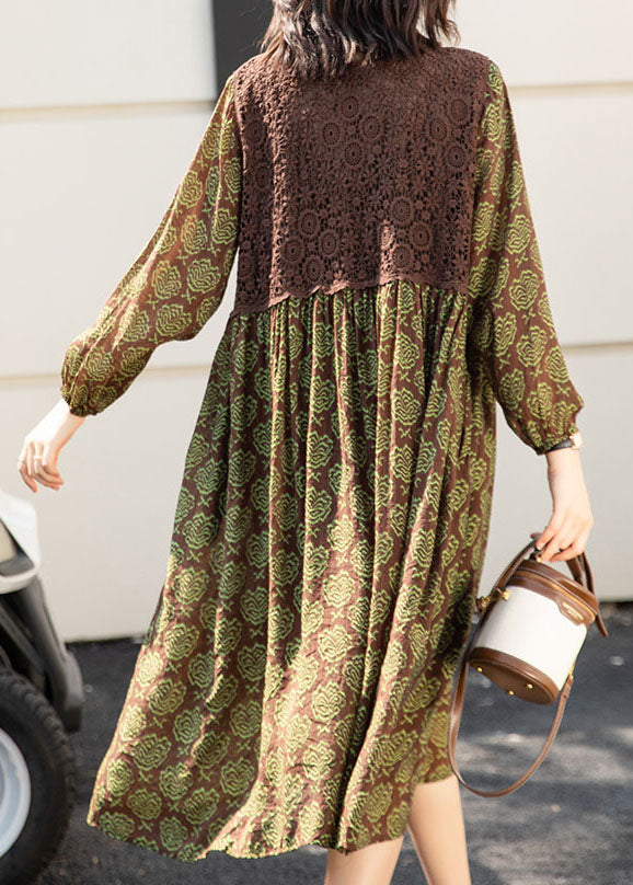 Vintage Green Wrinkled Print Knitting Patchwork Cotton Dress Spring