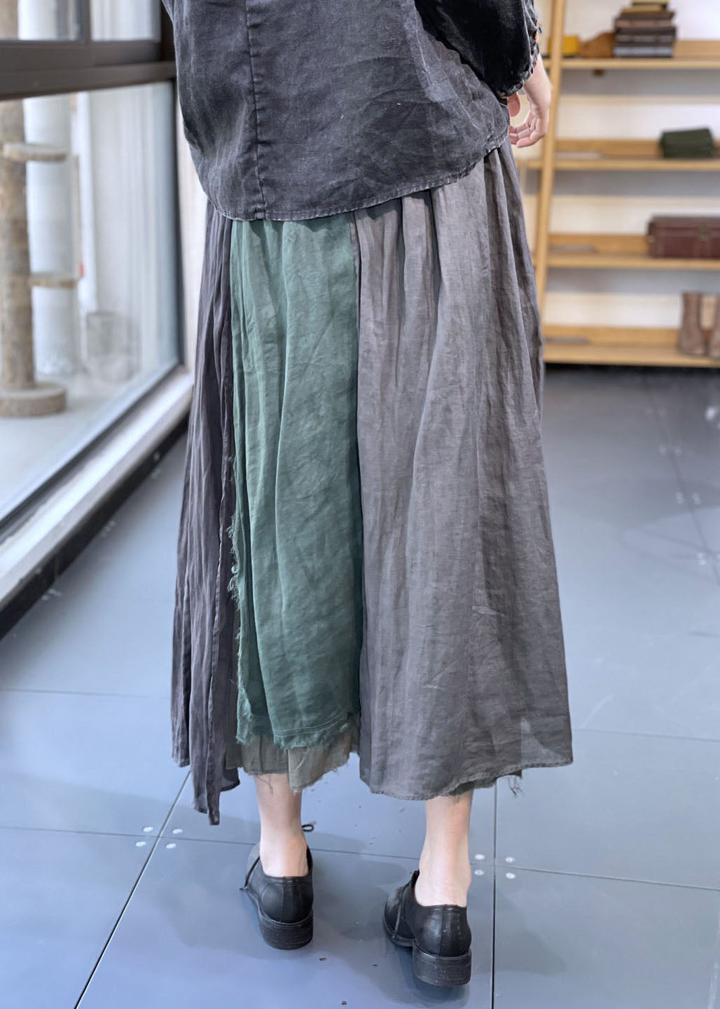 Vintage Grey Elastic Waist Asymmetrical Patchwork Linen Skirt Spring