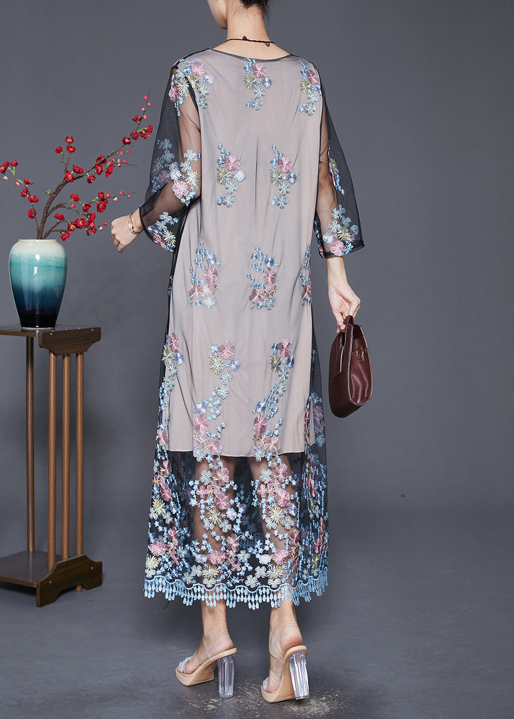 Vintage Grey Embroideried Hollow Out Tulle Maxi Dresses Fall