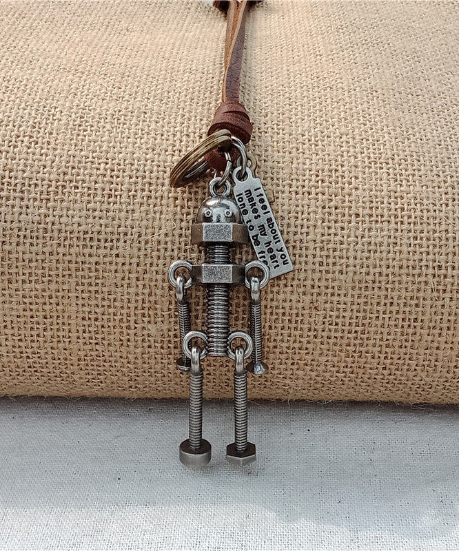 Vintage Grey Faux Leather Robot Pendant Necklace