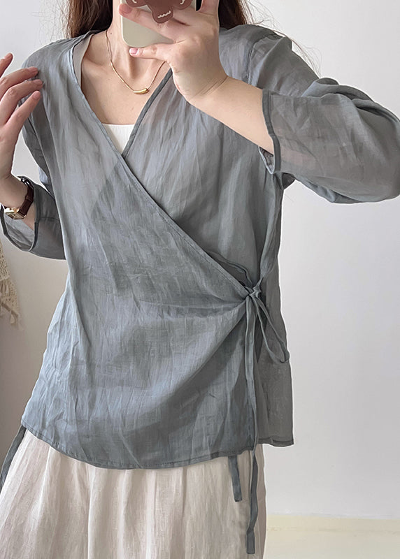 Vintage Grey Oversized Lace Up Linen Shirts Fall