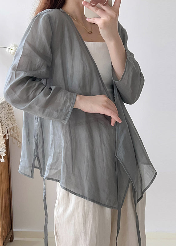 Vintage Grey Oversized Lace Up Linen Shirts Fall