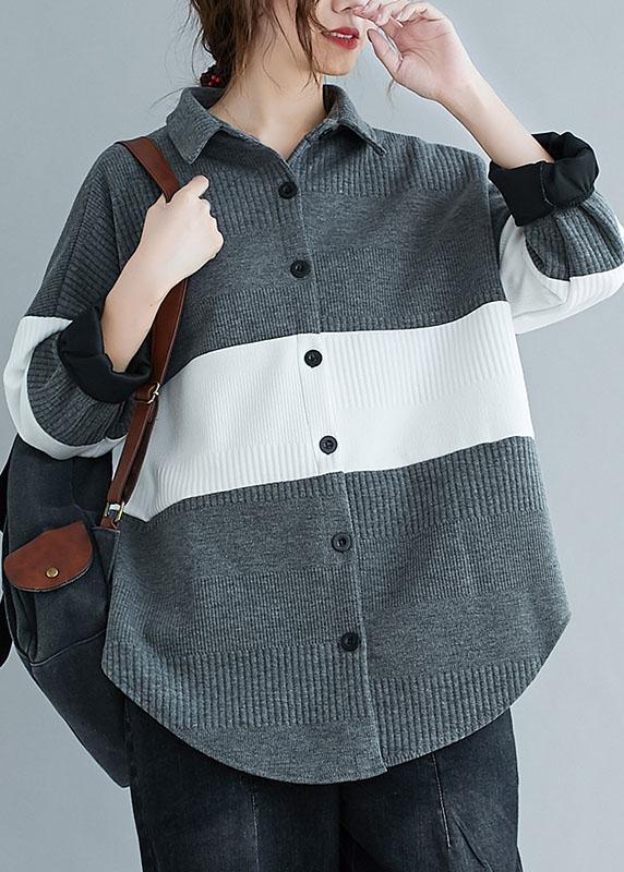 Vintage Grey Peter Pan Collar Button Patchwork Fall Shirt Top Long sleeve - Omychic
