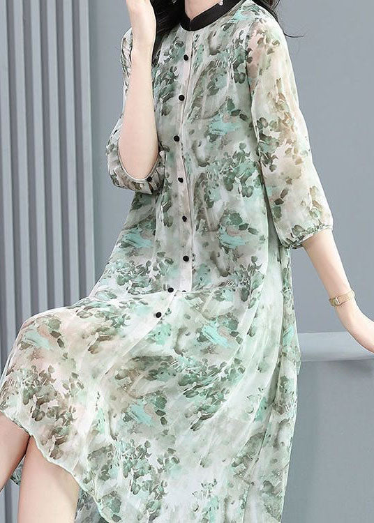 Vintage Grey Stand Collar Patchwork Print Silk Shirts Dress Spring - Omychic