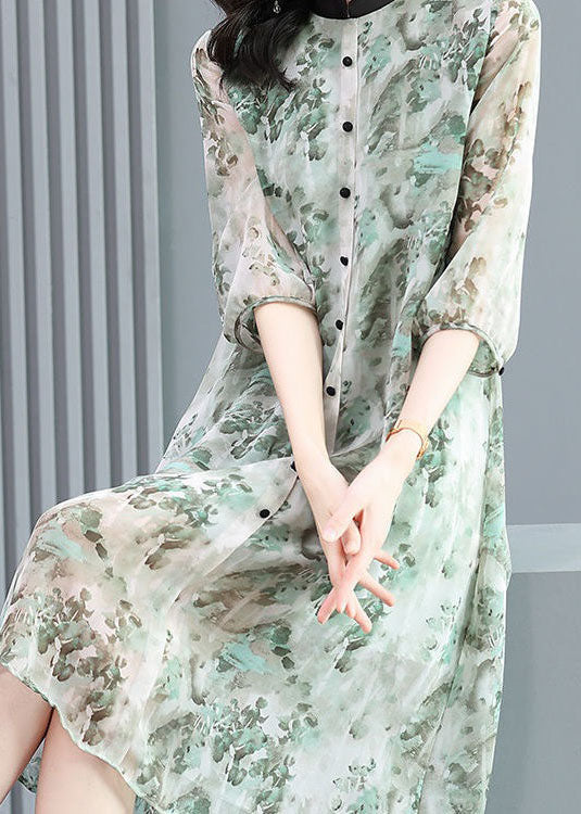 Vintage Grey Stand Collar Patchwork Print Silk Shirts Dress Spring - Omychic