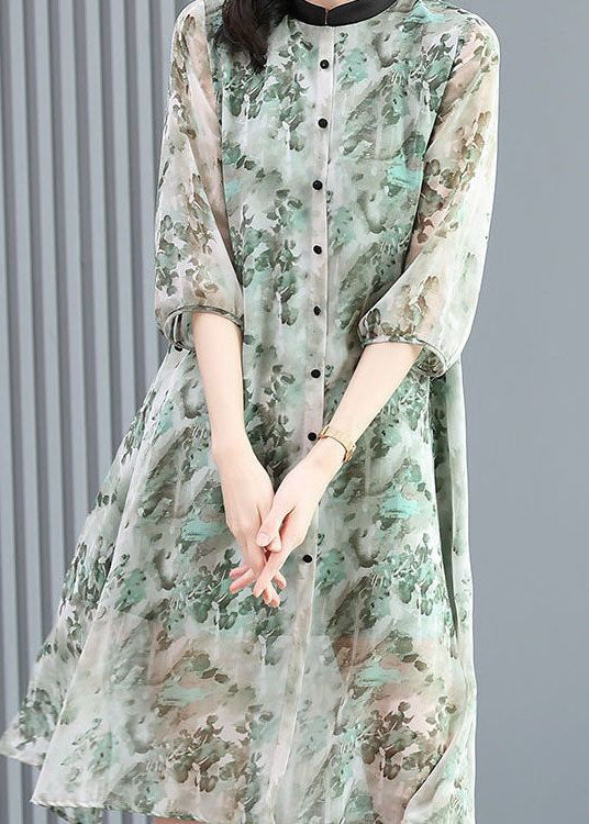 Vintage Grey Stand Collar Patchwork Print Silk Shirts Dress Spring - Omychic