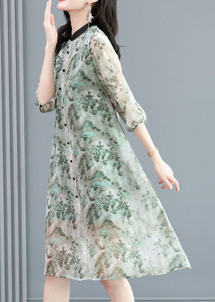Vintage Grey Stand Collar Patchwork Print Silk Shirts Dress Spring - Omychic
