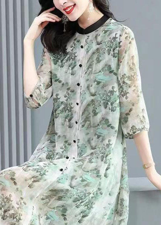 Vintage Grey Stand Collar Patchwork Print Silk Shirts Dress Spring - Omychic