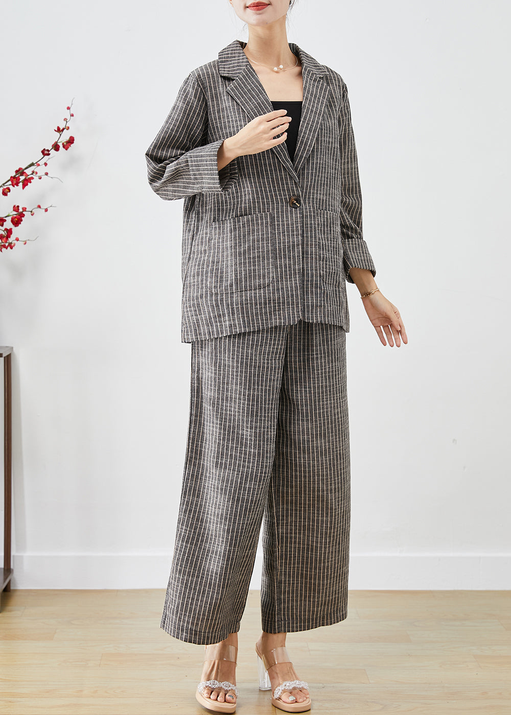 Vintage Grey Striped Linen Two Piece Set Outfits Fall