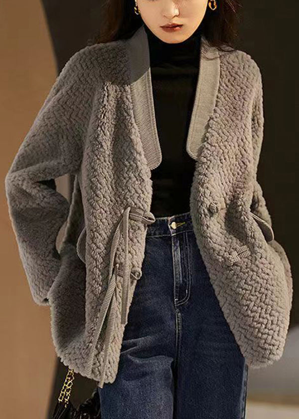 Vintage Grey V Neck Pockets Button Patchwork Wool Coat Winter