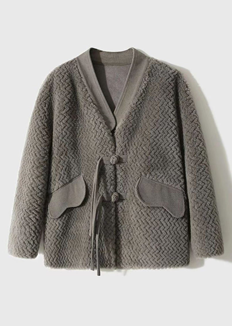 Vintage Grey V Neck Pockets Button Patchwork Wool Coat Winter