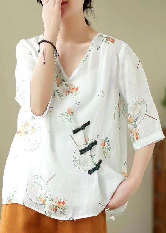 Vintage Grey V Neck Print Chinese Button Patchwork Linen Blouse Top Summer
