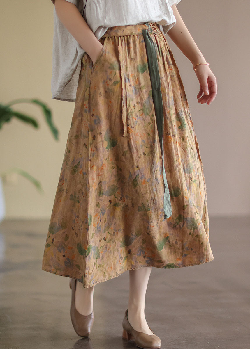 Vintage Khaki Elastic Waist Print Linen Skirt Spring