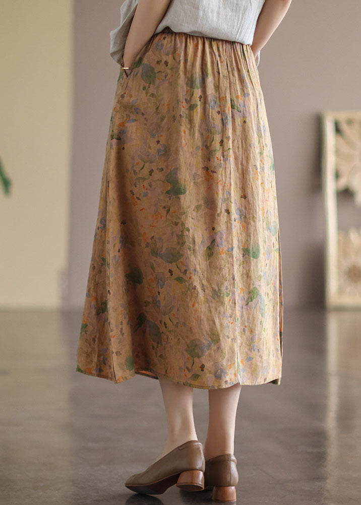 Vintage Khaki Elastic Waist Print Linen Skirt Spring