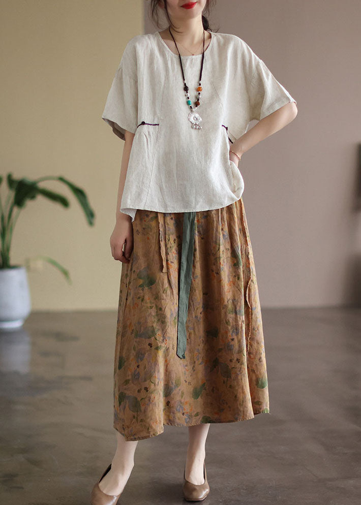 Vintage Khaki Elastic Waist Print Linen Skirt Spring