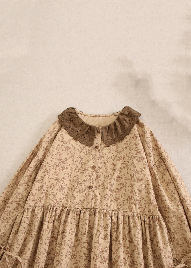 Vintage Khaki Print Lace Up Cotton Long Dresses Long Sleeve