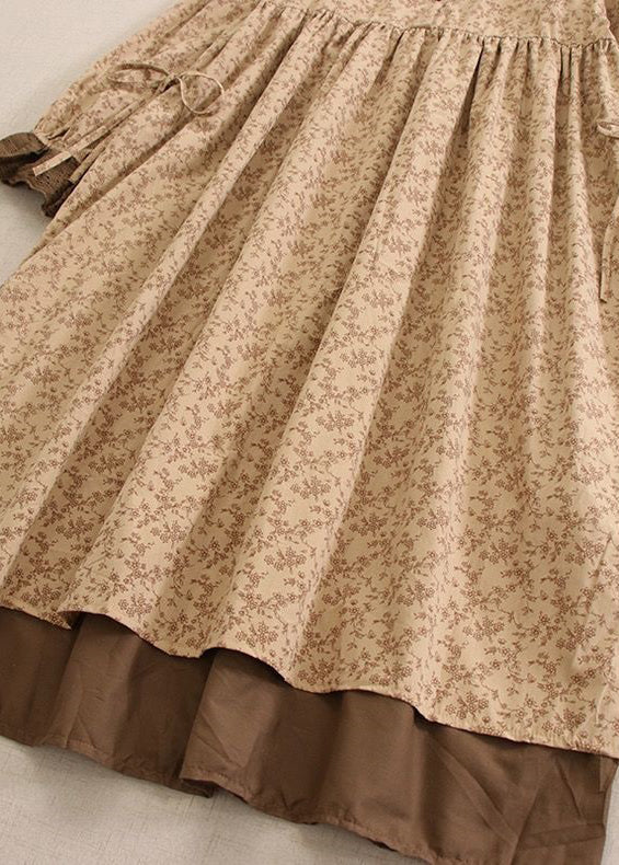Vintage Khaki Print Lace Up Cotton Long Dresses Long Sleeve