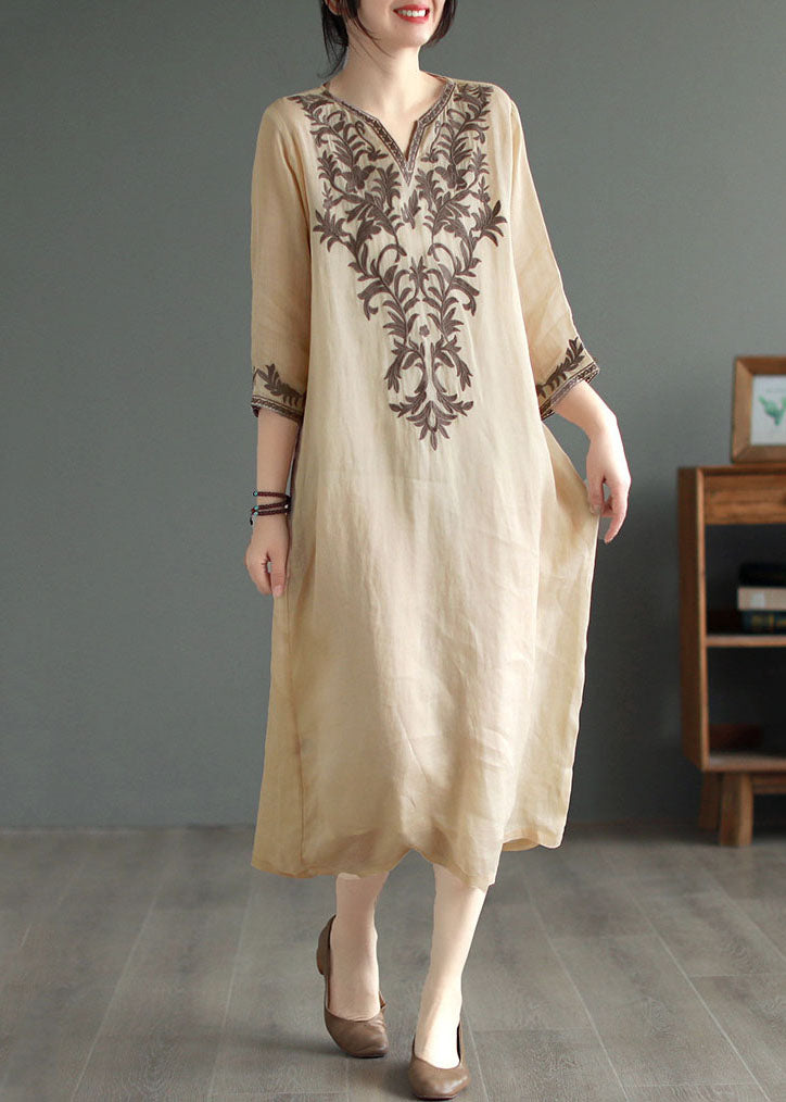 Vintage Khaki V Neck Embroideried Patchwork Linen Dress Summer - Omychic