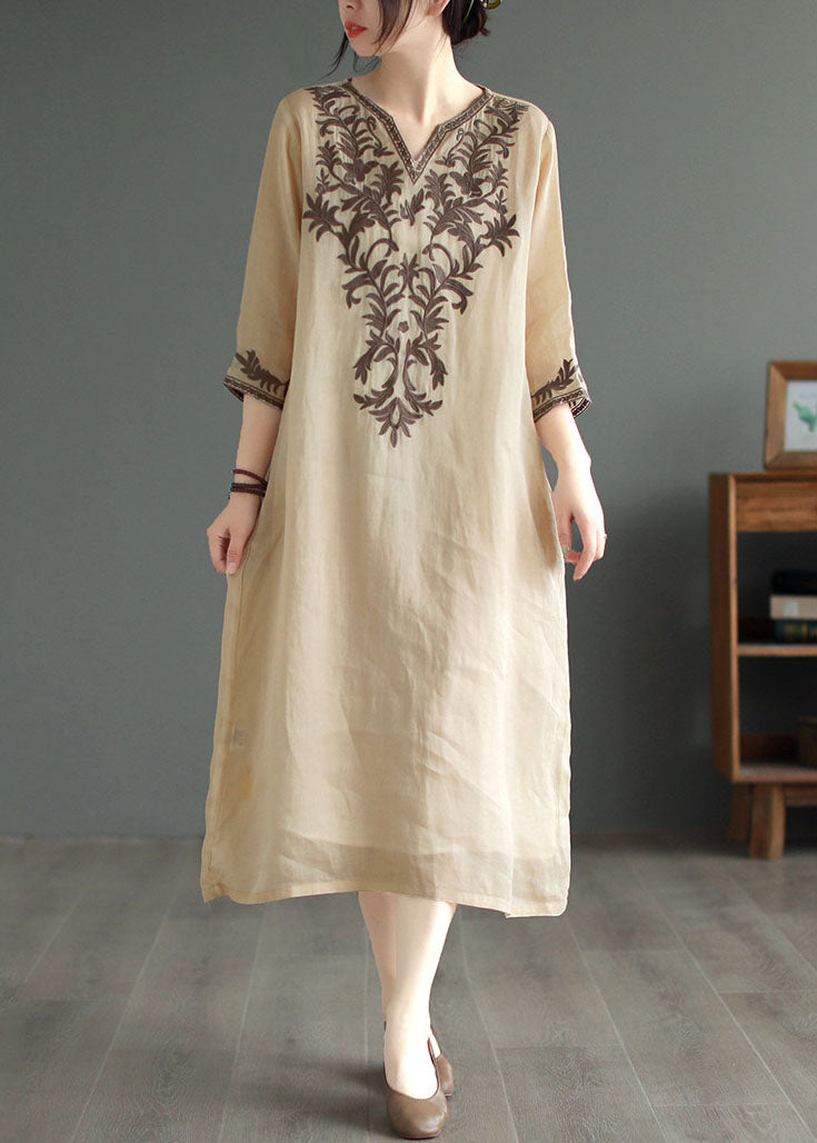 Vintage Khaki V Neck Embroideried Patchwork Linen Dress Summer - Omychic
