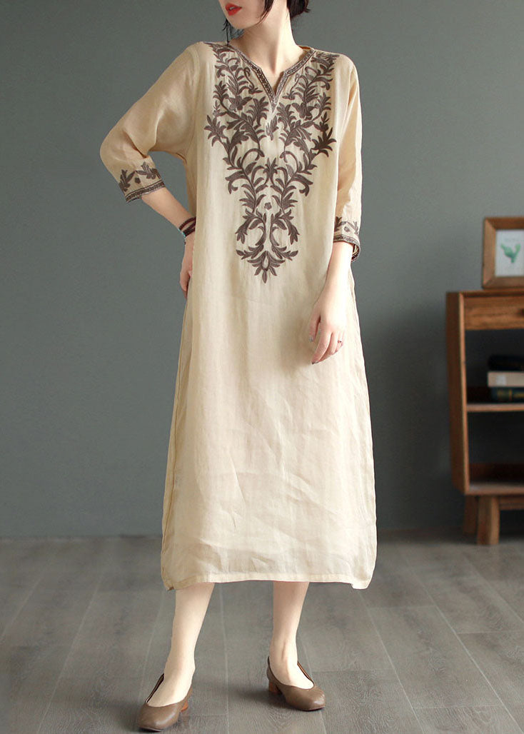 Vintage Khaki V Neck Embroideried Patchwork Linen Dress Summer