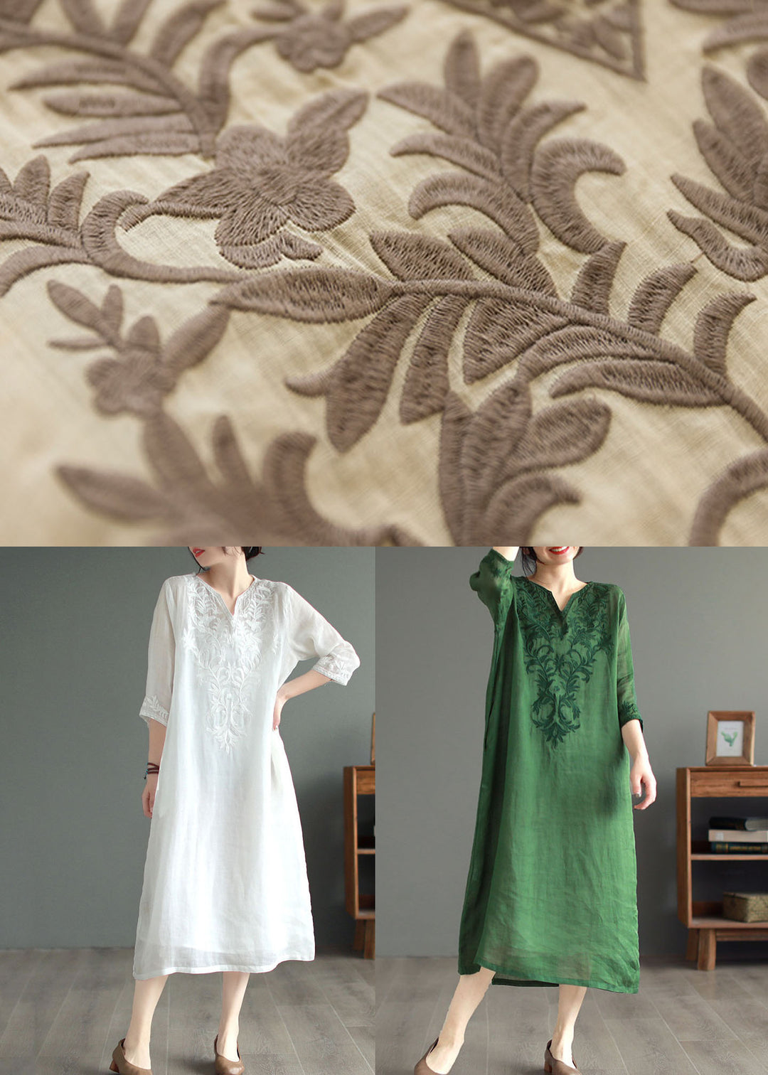 Vintage Khaki V Neck Embroideried Patchwork Linen Dress Summer - Omychic