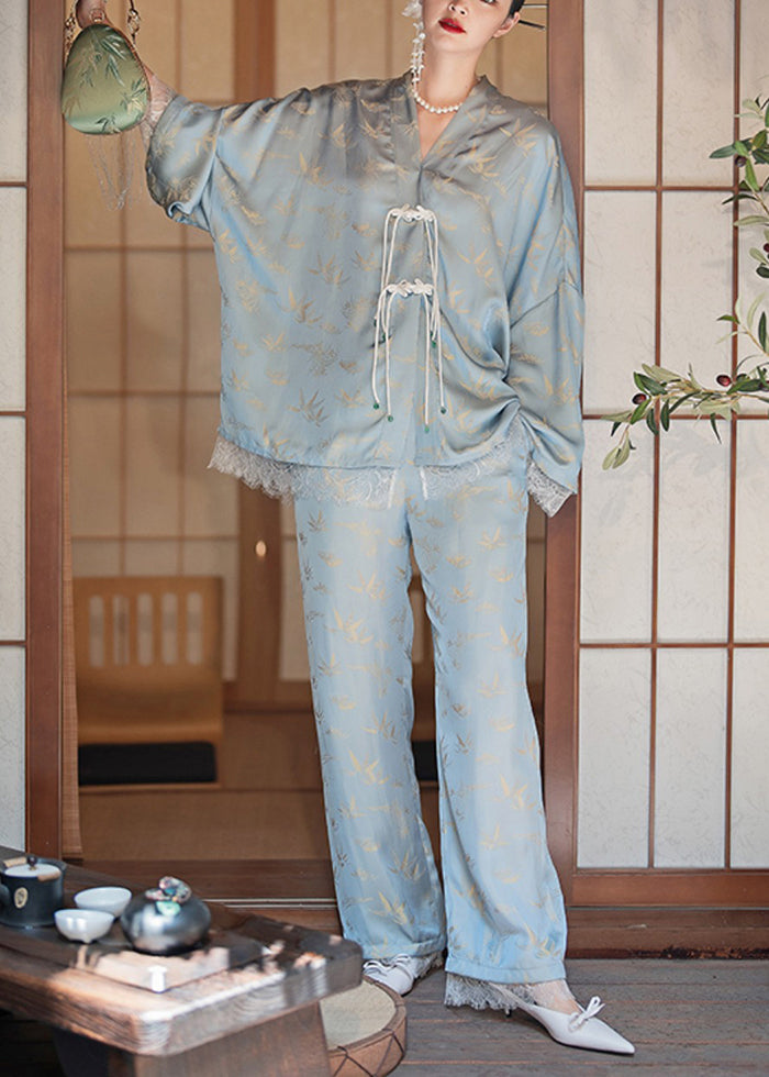 Vintage Light Blue Chinese Button Tassel Lace Patchwork Ice Silk Pajamas Two Piece Set Spring