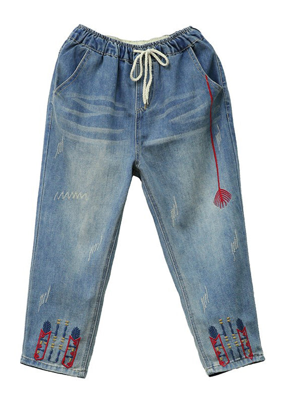 Vintage Light Blue Embroideried Tie Waist Crop Jeans Summer