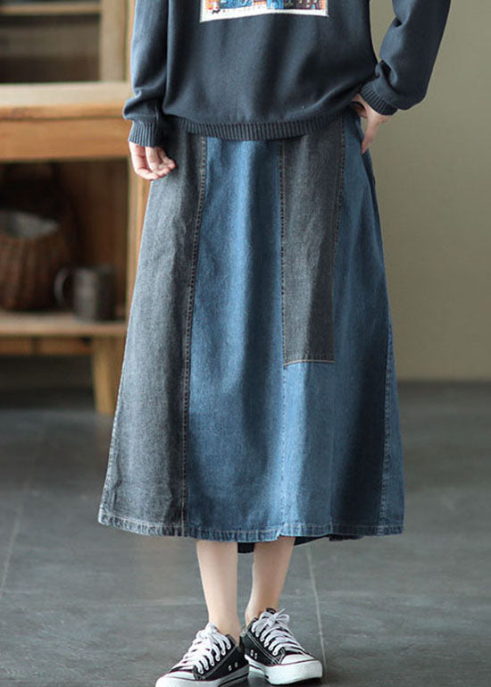Vintage Light Blue pocket Patchwork A Line Skirt Spring - Omychic
