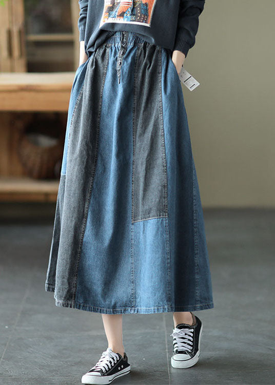 Vintage Light Blue pocket Patchwork A Line Skirt Spring