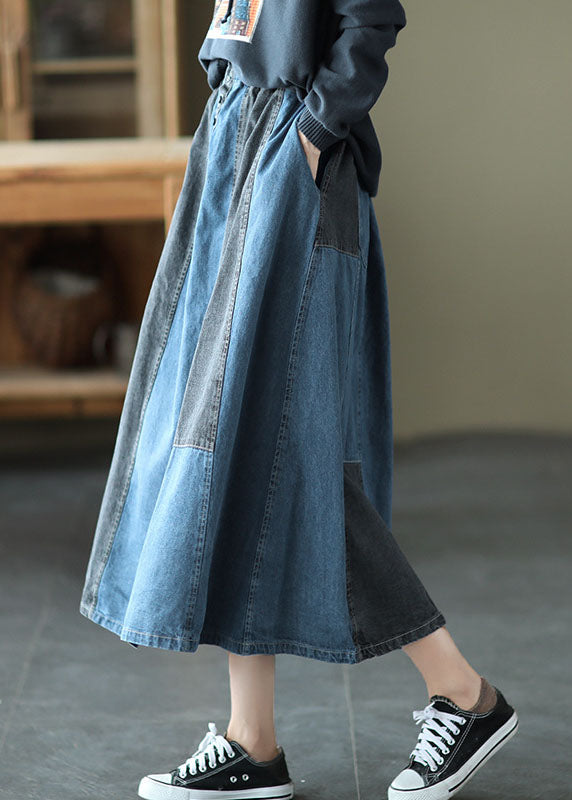 Vintage Light Blue pocket Patchwork A Line Skirt Spring