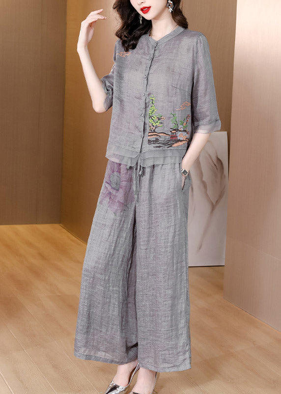Vintage Light Grey V Neck Patchwork Linen Top And Pants Two Pieces Set Short Sleeve - Omychic