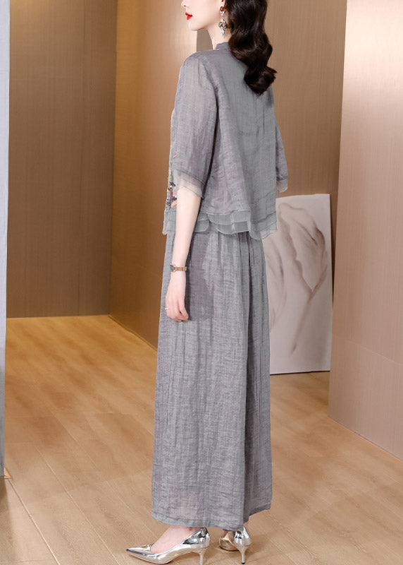 Vintage Light Grey V Neck Patchwork Linen Top And Pants Two Pieces Set Short Sleeve - Omychic