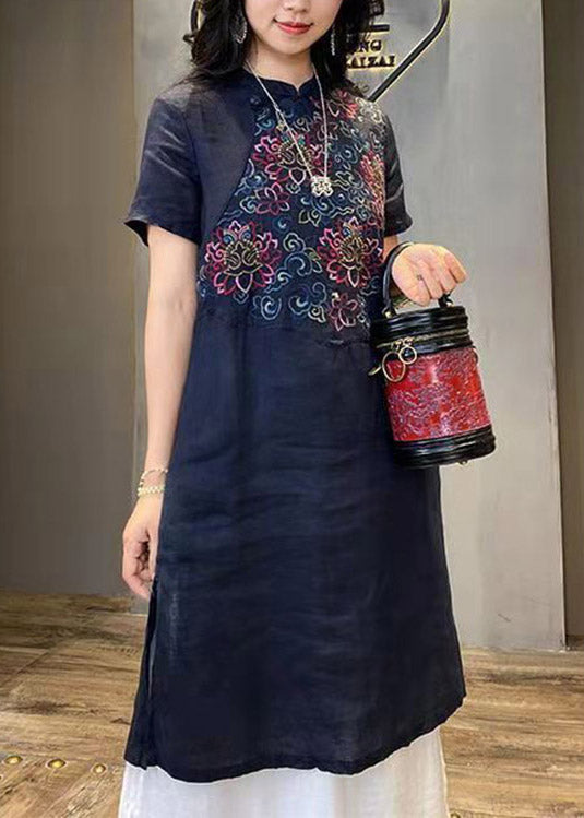 Vintage Mulberry Stand Collar Embroideried Linen Long Dress Short Sleeve