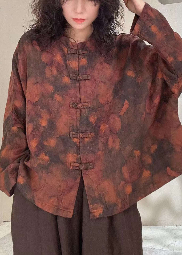 Vintage Mulberry Stand Collar Print Chinese Button Linen Blouses Spring