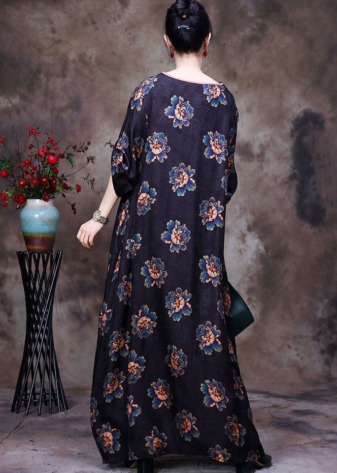 Vintage Navy Asymmetrical Patchwork Floral Print Silk Long Dress Long Sleeve