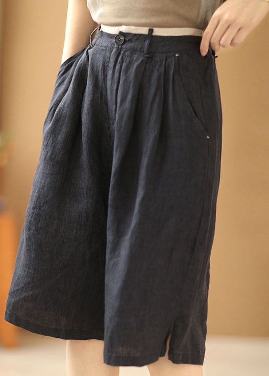 Vintage Navy Elastic Waist Pockets Linen Straight Pants Shorts Summer