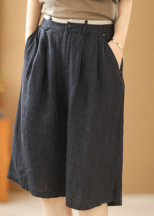 Vintage Navy Elastic Waist Pockets Linen Straight Pants Shorts Summer - Omychic