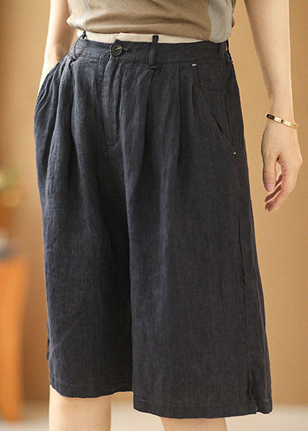 Vintage Navy Elastic Waist Pockets Linen Straight Pants Shorts Summer