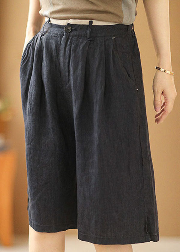 Vintage Navy Elastic Waist Pockets Linen Straight Pants Shorts Summer - Omychic